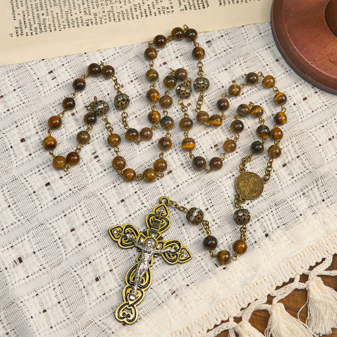 Christianartworkshop Natural Tiger Eye Beads and Bronze St. Benedict Medal & Crucifix Rosary - image 3