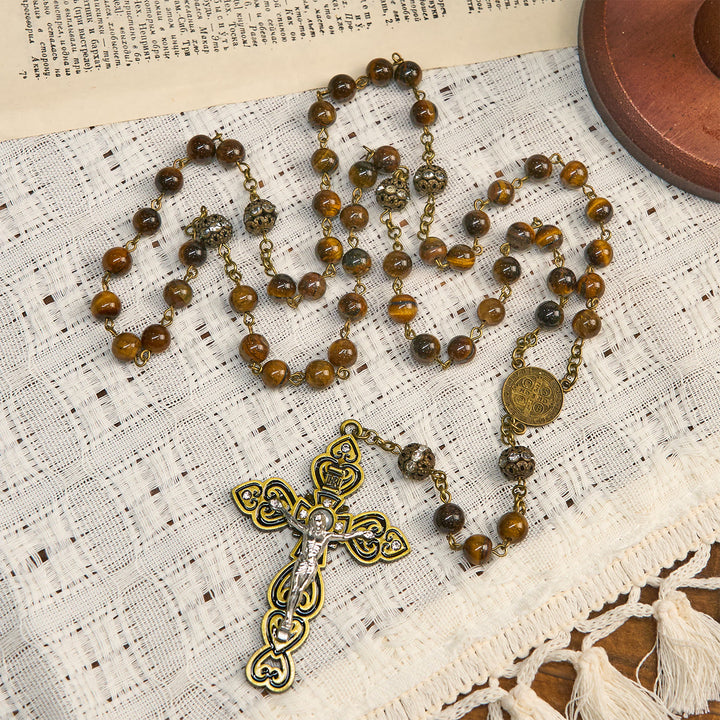 Christianartworkshop Natural Tiger Eye Beads and Bronze St. Benedict Medal & Crucifix Rosary - image 3