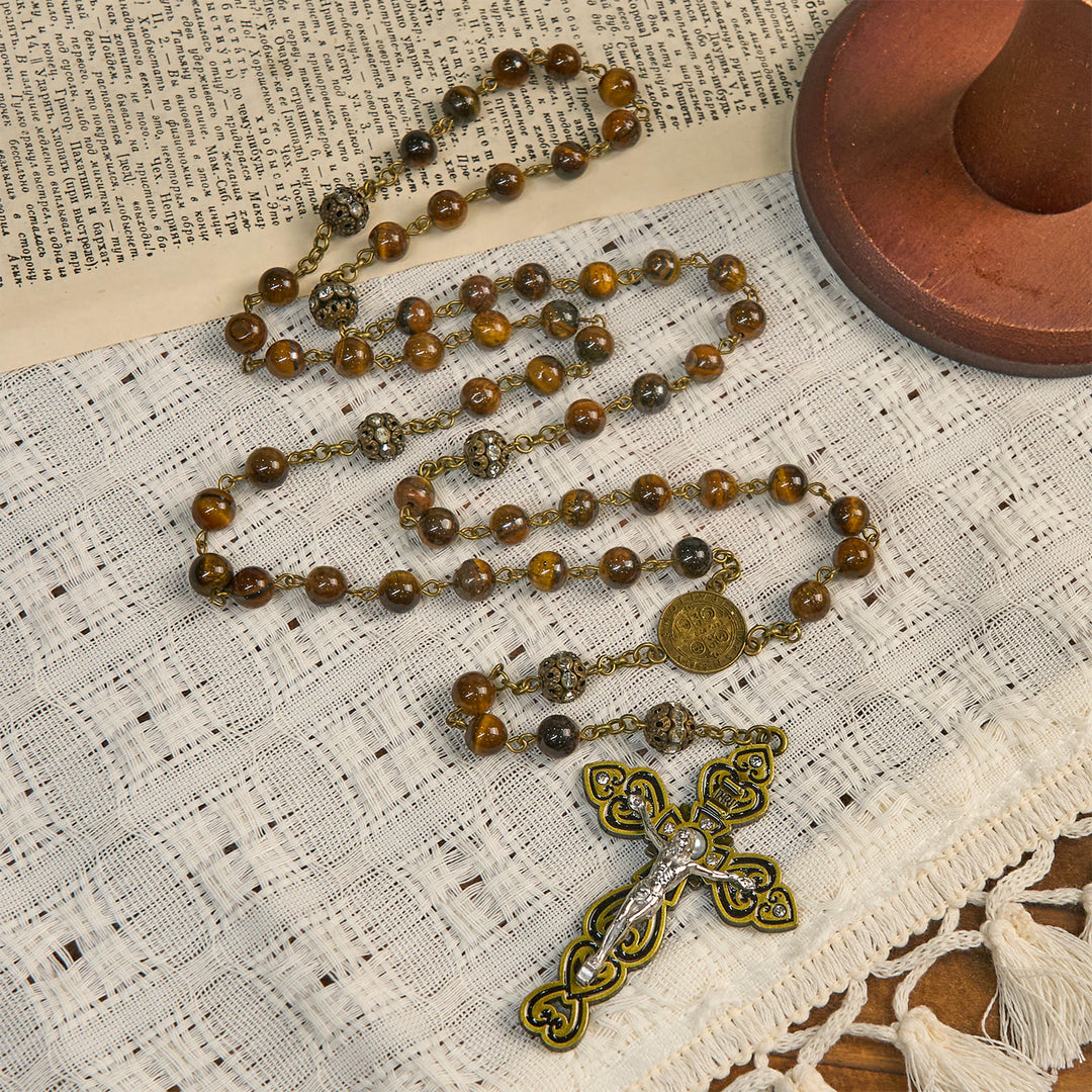 Christianartworkshop Natural Tiger Eye Beads and Bronze St. Benedict Medal & Crucifix Rosary - image 4