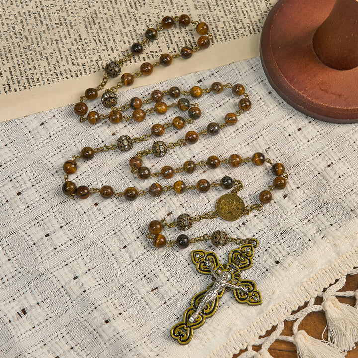 Christianartworkshop Natural Tiger Eye Beads and Bronze St. Benedict Medal & Crucifix Rosary - image 4