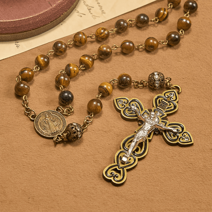 Christianartworkshop Natural Tiger Eye Beads and Bronze St. Benedict Medal & Crucifix Rosary - image 5