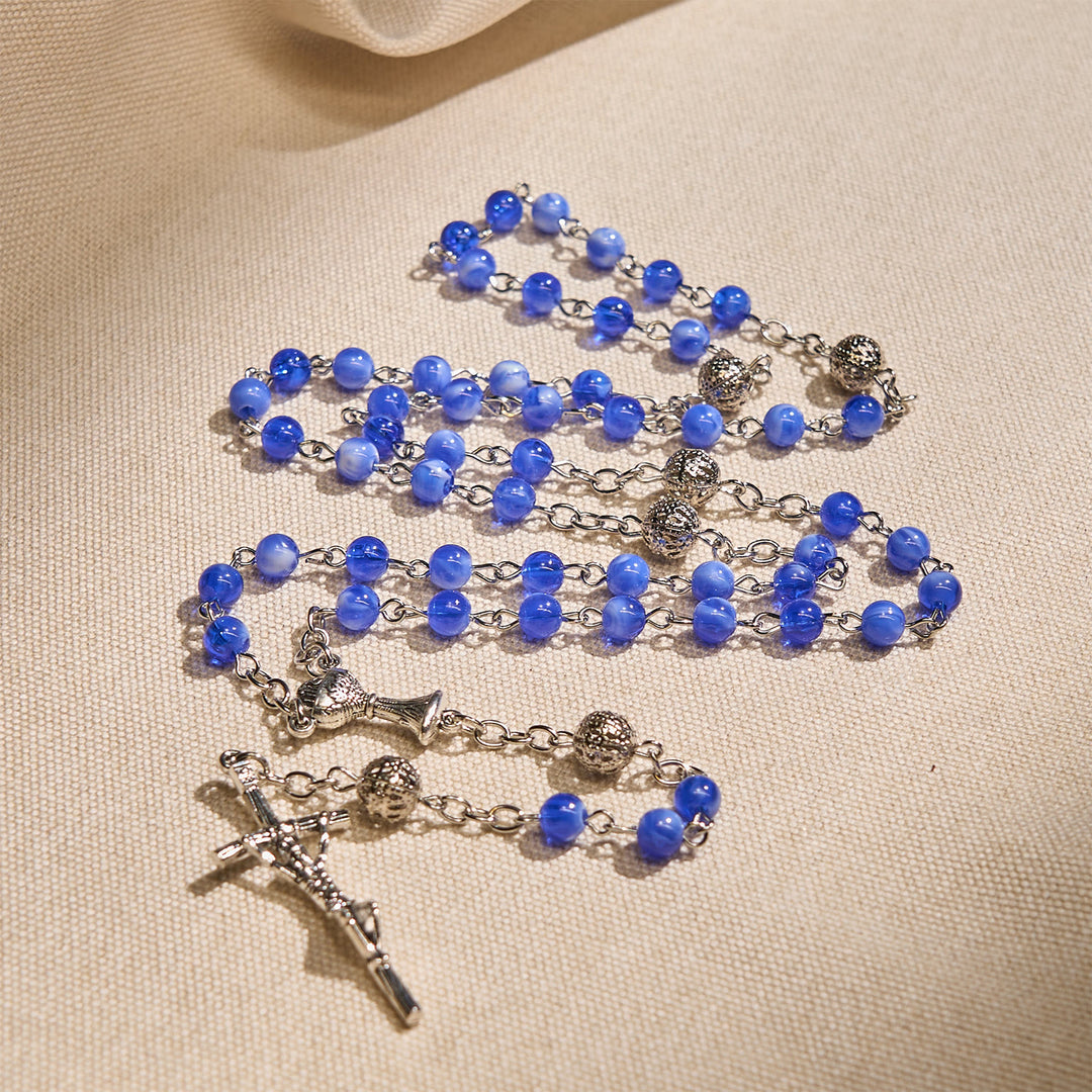 Christianartworkshop Elegant 6mm Gradient Blue Round Beads with Holy Grail and Crucifix Rosary - Holy Grail & Crucifix - image 1