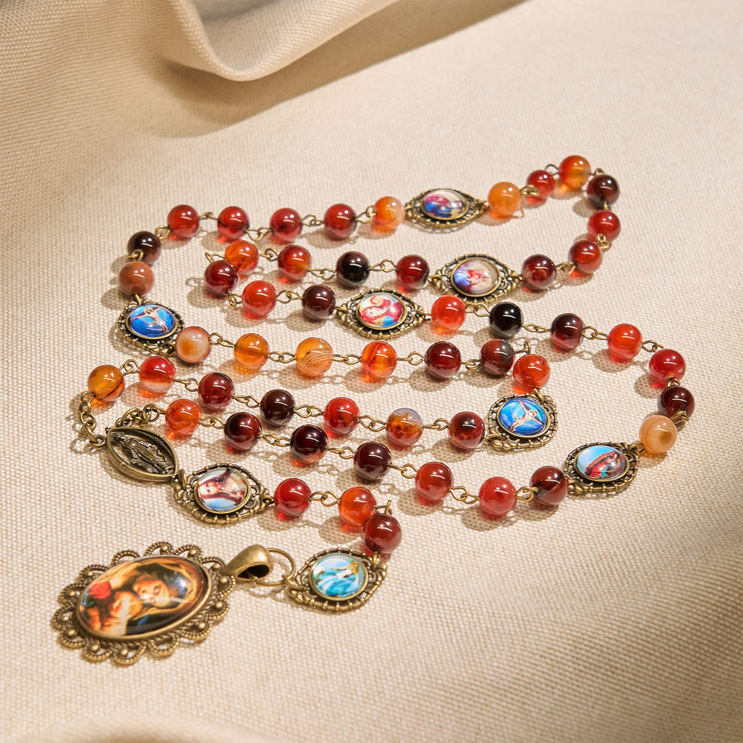 Christianartworkshop Madonna Medal & Saint Symbols of Dreamy Brown Agate Beads Rosary - Madonna and Child Medal - image 1