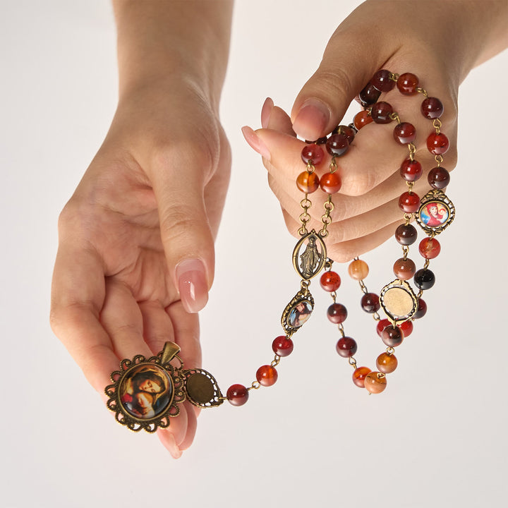 Christianartworkshop Madonna Medal & Saint Symbols of Dreamy Brown Agate Beads Rosary - image 8