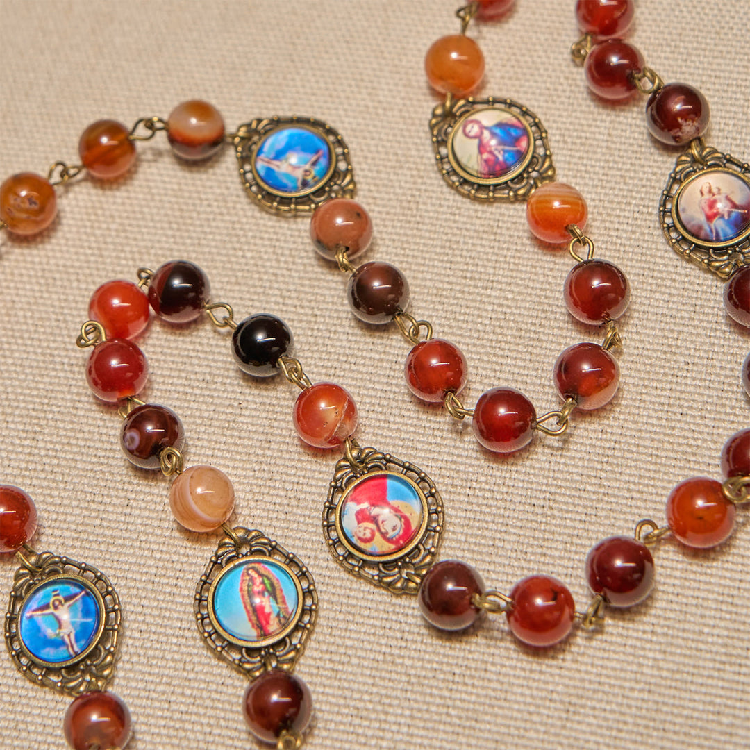 Christianartworkshop Madonna Medal & Saint Symbols of Dreamy Brown Agate Beads Rosary - image 6