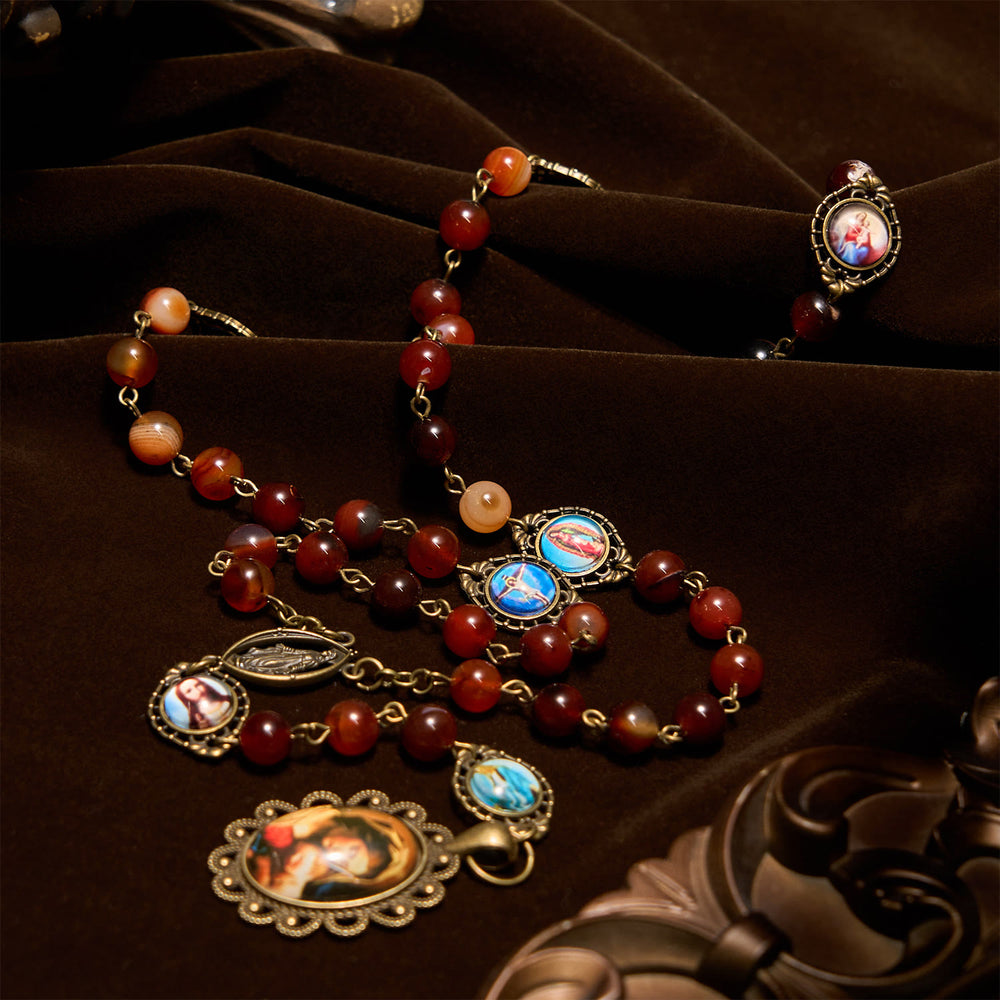 Christianartworkshop Madonna Medal & Saint Symbols of Dreamy Brown Agate Beads Rosary - image 1