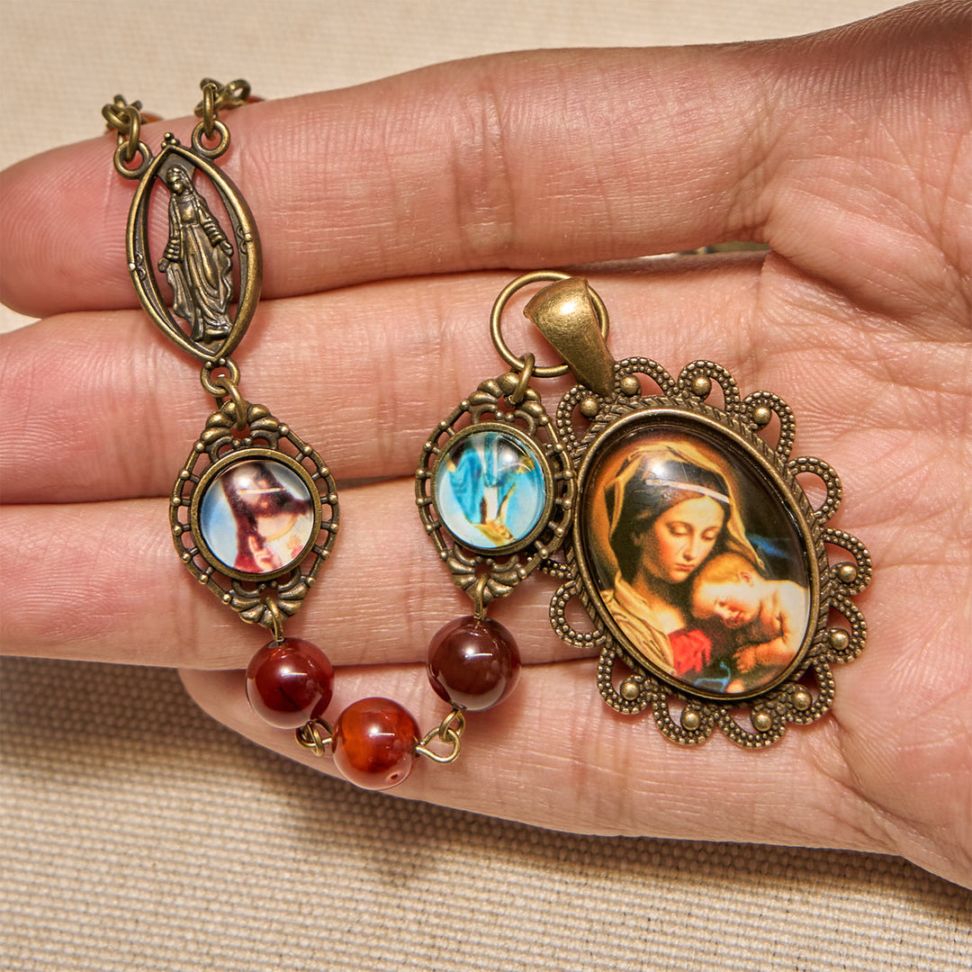 Christianartworkshop Madonna Medal & Saint Symbols of Dreamy Brown Agate Beads Rosary - image 5