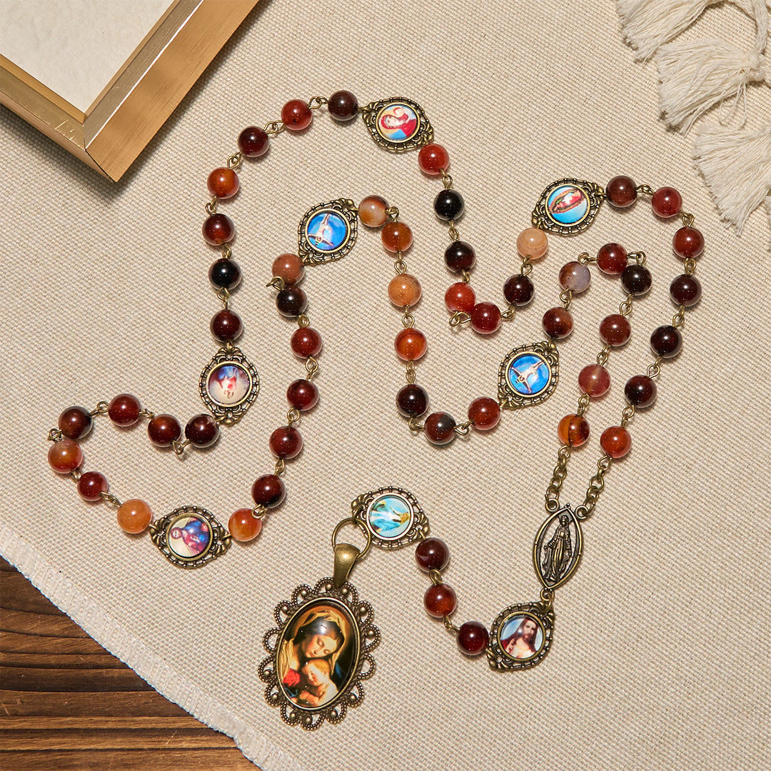 Christianartworkshop Madonna Medal & Saint Symbols of Dreamy Brown Agate Beads Rosary - image 3