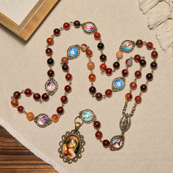 Christianartworkshop Madonna Medal & Saint Symbols of Dreamy Brown Agate Beads Rosary - image 3