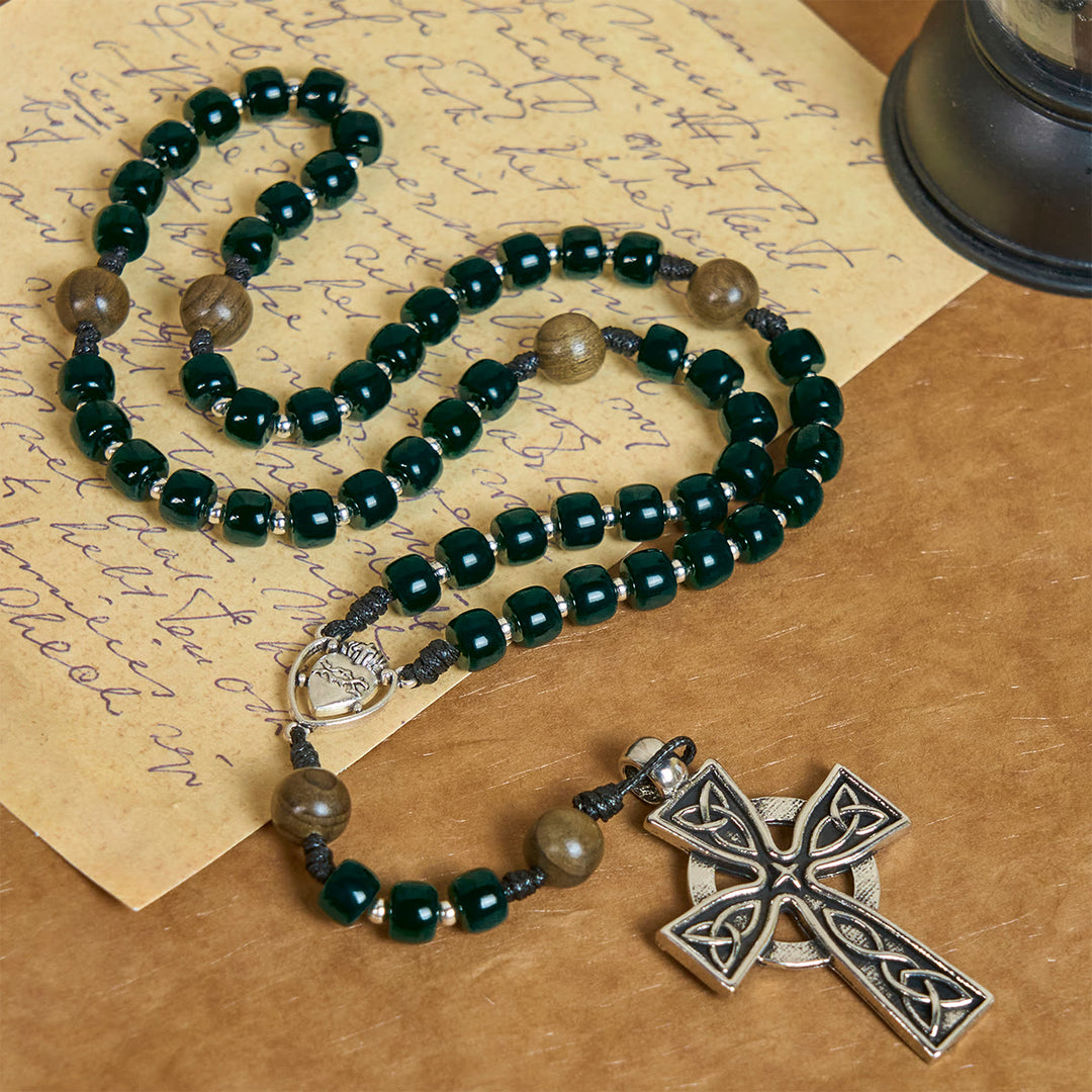 Christianartworkshop Matte Green Cube Beads Rosary with Sacred Heart of Jesus & Celtic Cross - Deep Green - image 1