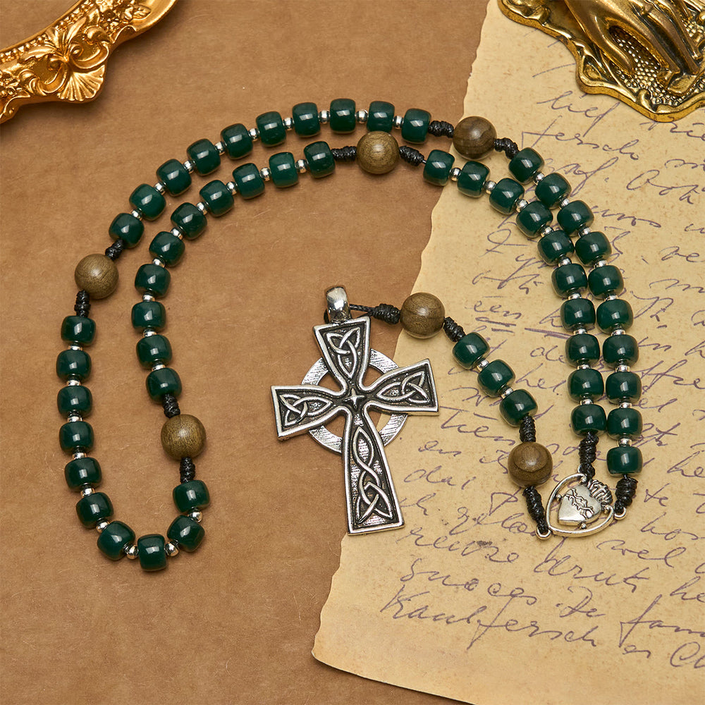 Christianartworkshop Matte Green Cube Beads Rosary with Sacred Heart of Jesus & Celtic Cross - image 2