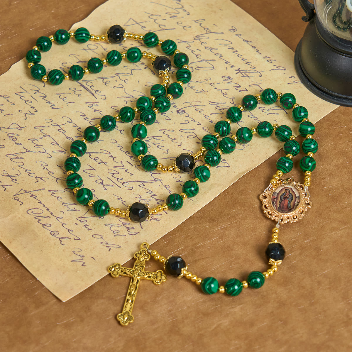 Smooth Green Malachite-Style Rosary with Miraculous Medal