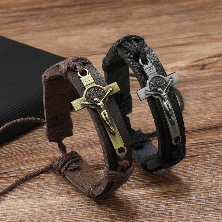 Christianartworkshop Classic Style Brown or Black Leather Adjustable Bracelet with Crucifix - image 4