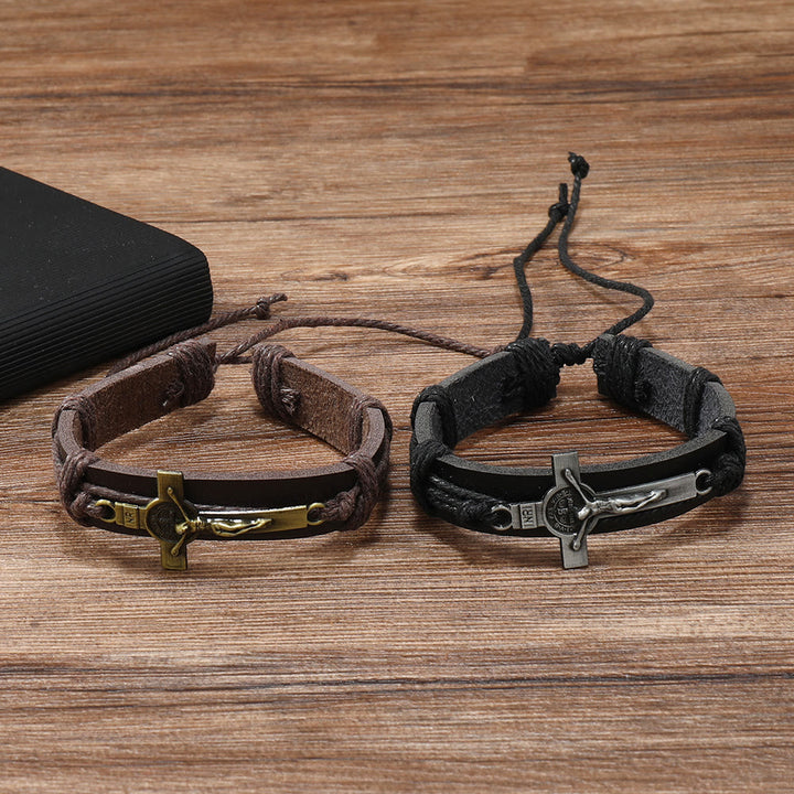 Christianartworkshop Classic Style Brown or Black Leather Adjustable Bracelet with Crucifix - image 5