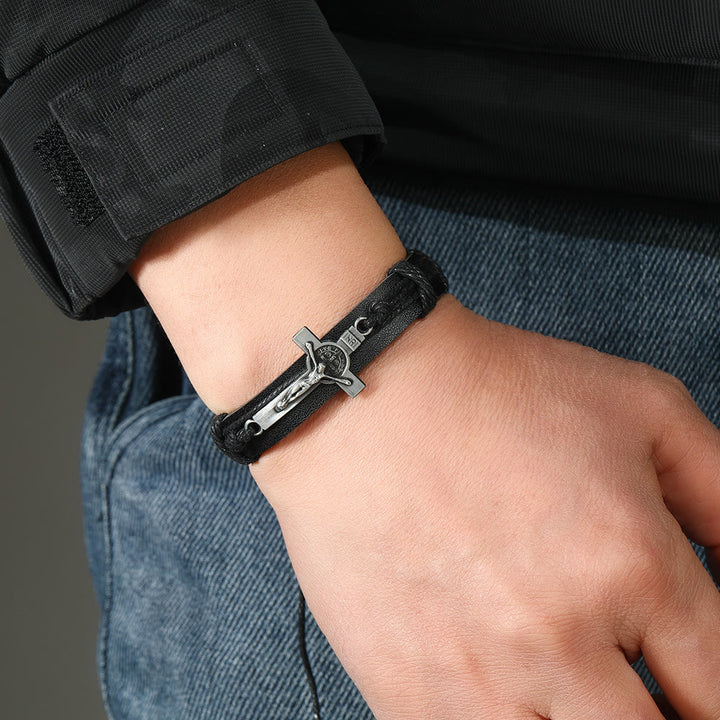 Christianartworkshop Classic Style Brown or Black Leather Adjustable Bracelet with Crucifix - image 3