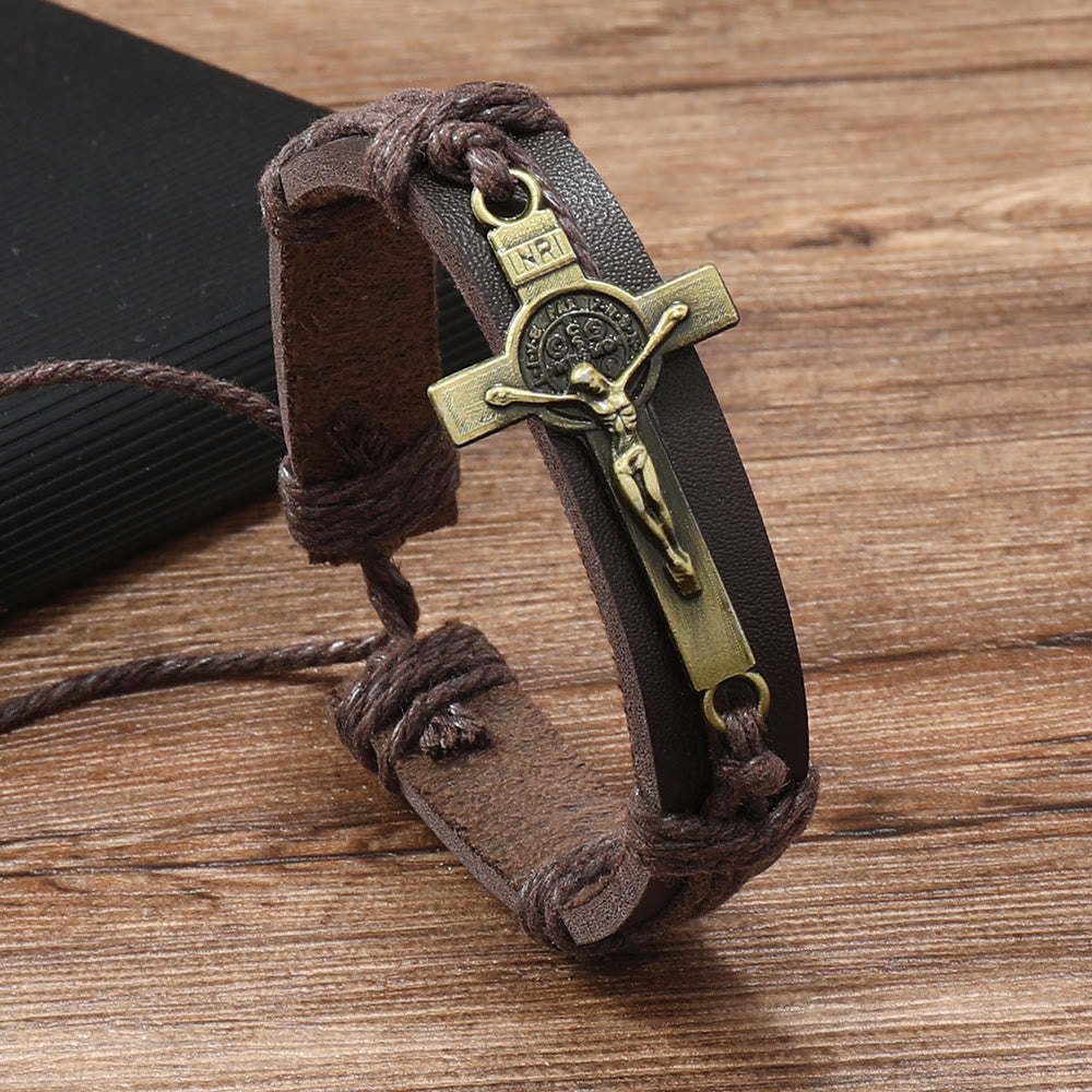 Christianartworkshop Classic Style Brown or Black Leather Adjustable Bracelet with Crucifix - Brown - image 1
