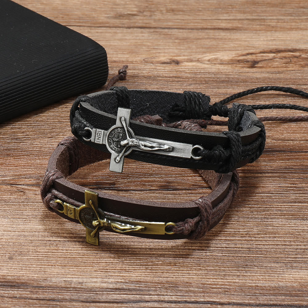 Christianartworkshop Classic Style Brown or Black Leather Adjustable Bracelet with Crucifix - image 6