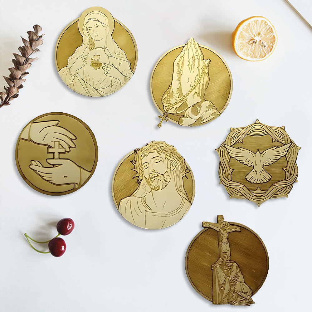 Christianartworkshop Set of 6 Faith-Inspired Our Lady and Christ Symbol Coasters in Wood - Set of 6 - image 1