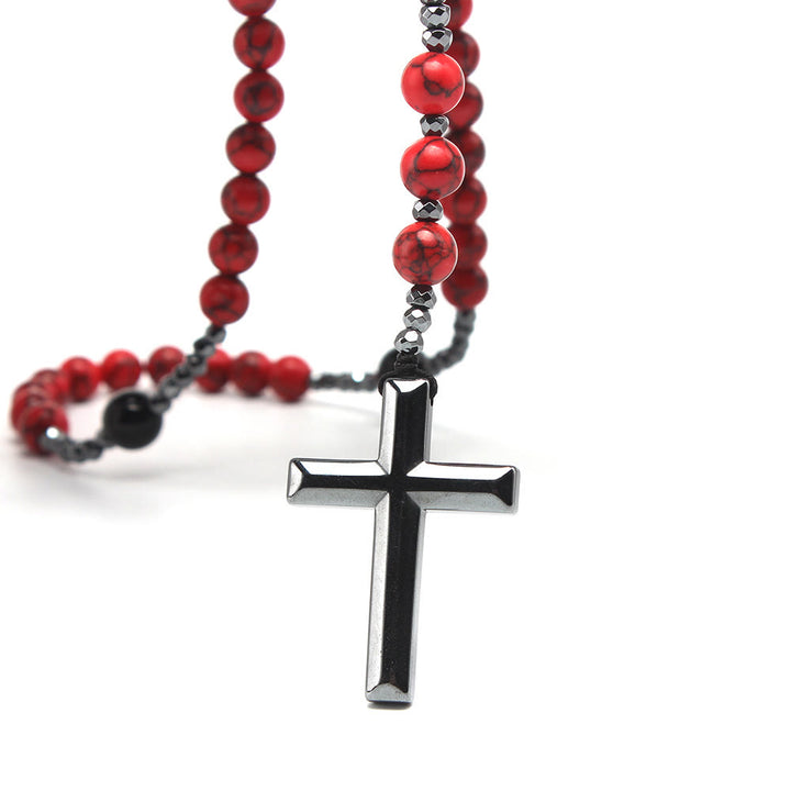 Christianartworkshop Natural Red Turquoise & Black Agate Rosary with Cross: For Faithful Prayer - image 4