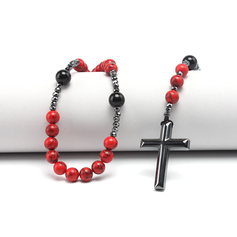 Christianartworkshop Natural Red Turquoise & Black Agate Rosary with Cross: For Faithful Prayer - image 2