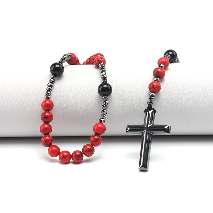 Christianartworkshop Natural Red Turquoise & Black Agate Rosary with Cross: For Faithful Prayer - image 2