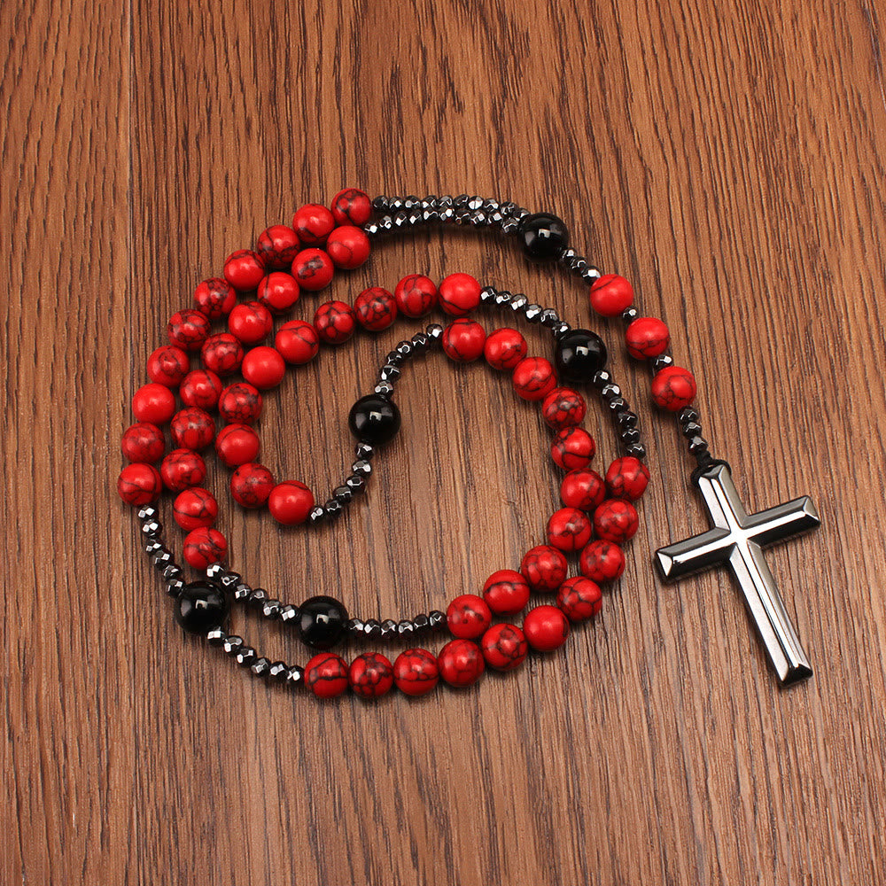 Christianartworkshop Natural Red Turquoise & Black Agate Rosary with Cross: For Faithful Prayer - Red - image 1