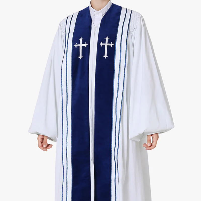 Christianartworkshop White Church Clergy Robe with Embroidered Crosses and Blue Panel Design - 3XL - image 1