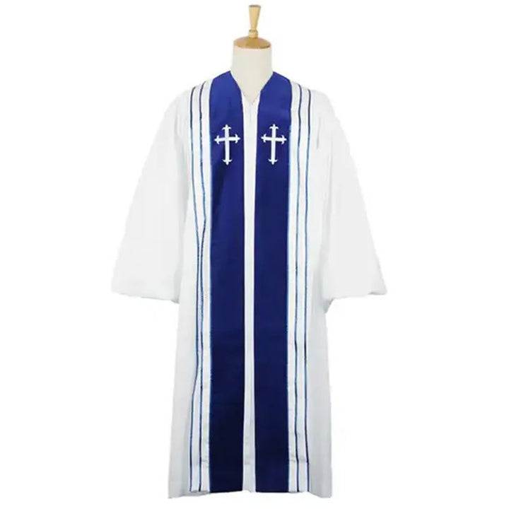 Christianartworkshop White Church Clergy Robe with Embroidered Crosses and Blue Panel Design - image 4