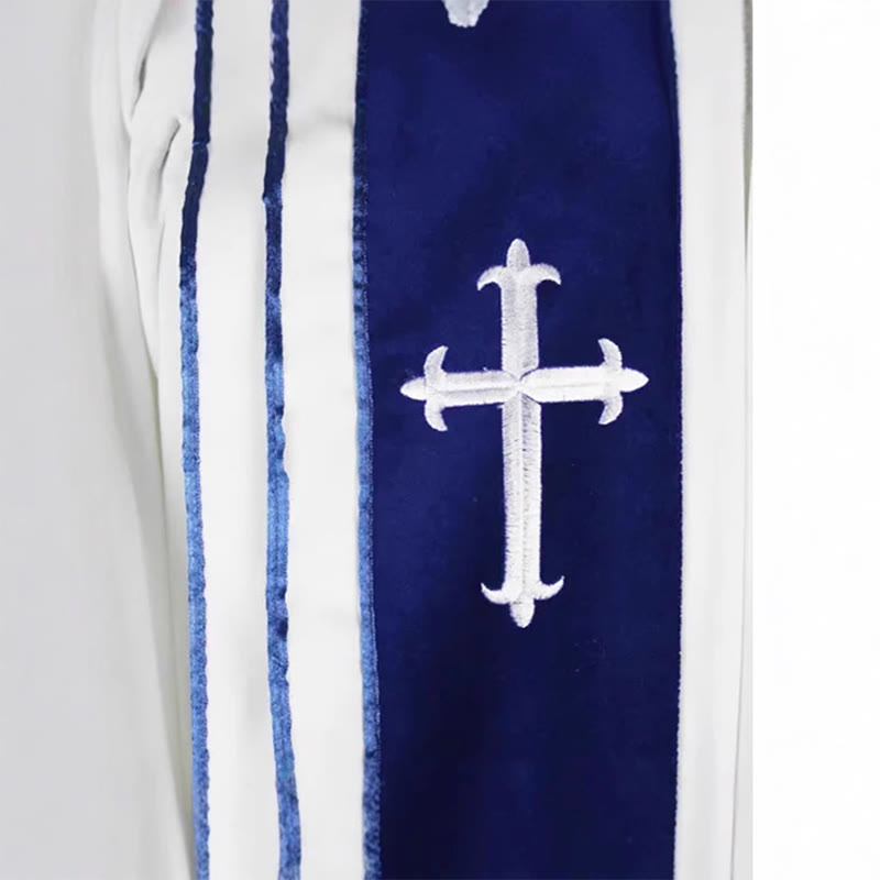 Christianartworkshop White Church Clergy Robe with Embroidered Crosses and Blue Panel Design - image 7