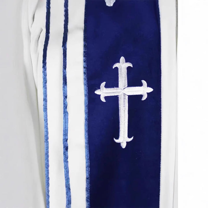 Christianartworkshop White Church Clergy Robe with Embroidered Crosses and Blue Panel Design - image 7