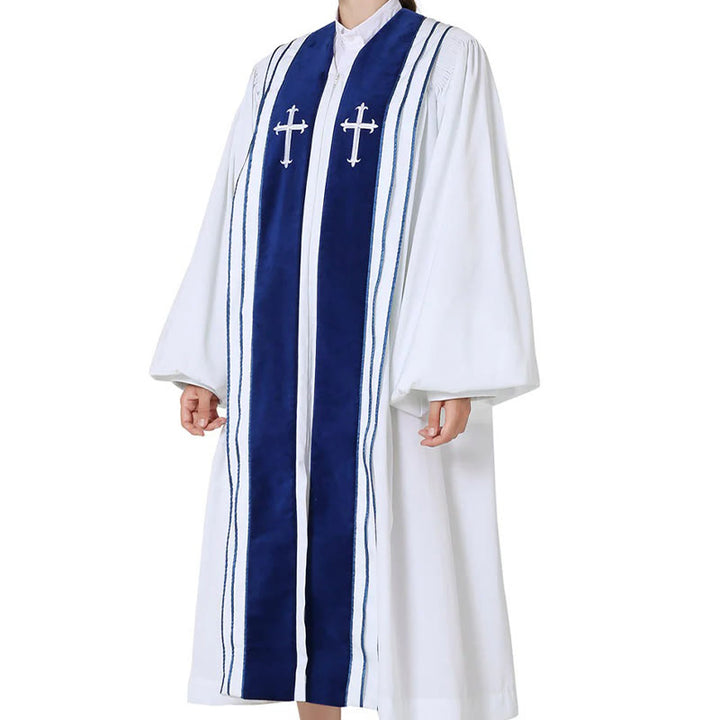 Christianartworkshop White Church Clergy Robe with Embroidered Crosses and Blue Panel Design - image 3