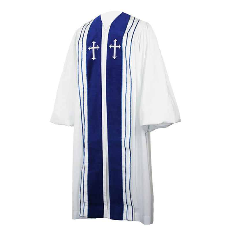 Christianartworkshop White Church Clergy Robe with Embroidered Crosses and Blue Panel Design - image 6