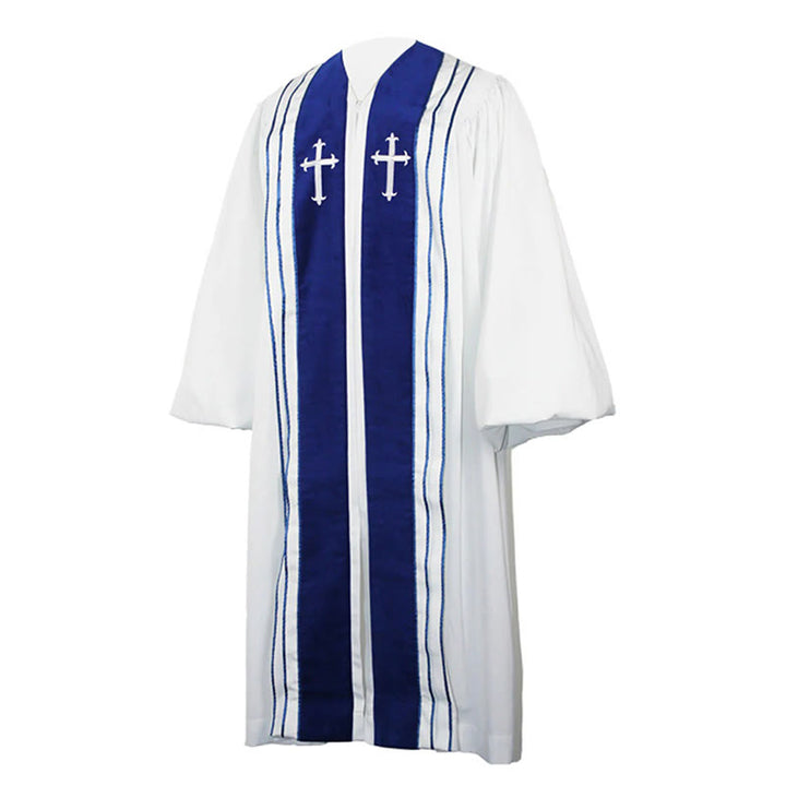 Christianartworkshop White Church Clergy Robe with Embroidered Crosses and Blue Panel Design - image 6