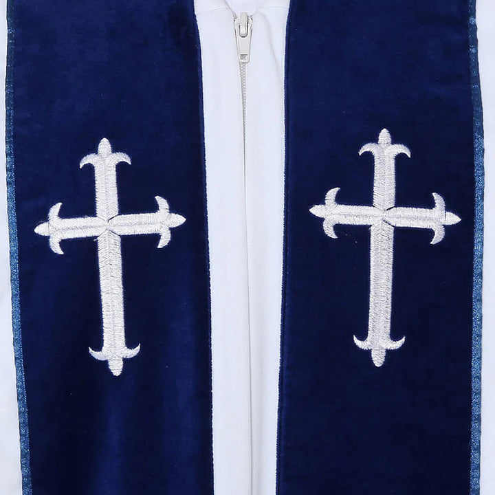 Christianartworkshop White Church Clergy Robe with Embroidered Crosses and Blue Panel Design - image 8