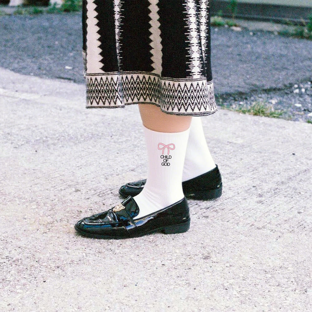Christianartworkshop Child Of God with Pink Bow Crew Socks: Walk Gracefully in Faith - White - Women (EU 36-39/US 8.5-9) - image 9
