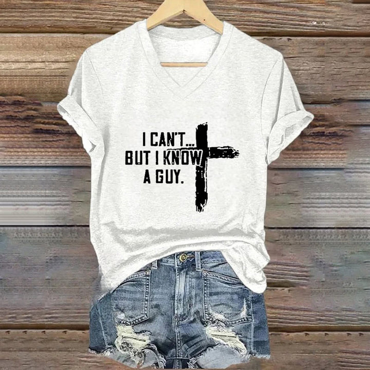 Christianartworkshop Women's I Can't But I Know A Guy Faith Print V-Neck T-shirt - White - 4XL - image 0