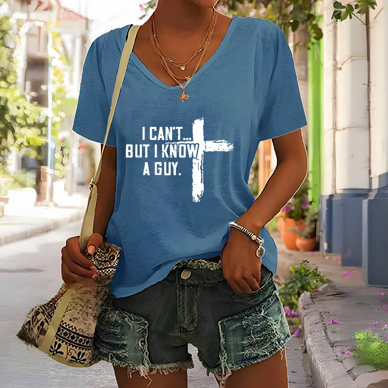 Christianartworkshop Women's I Can't But I Know A Guy Faith Print V-Neck T-shirt - image 7