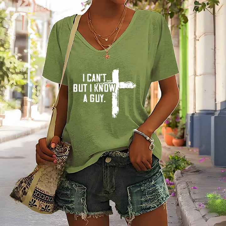 Christianartworkshop Women's I Can't But I Know A Guy Faith Print V-Neck T-shirt - image 6