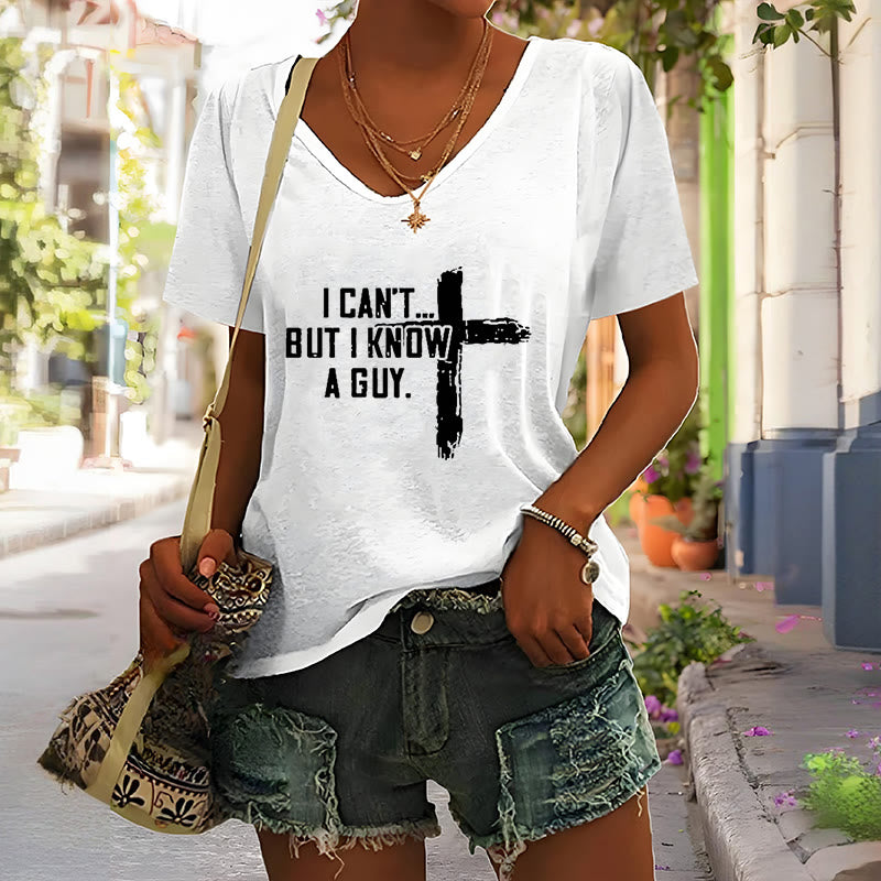 Christianartworkshop Women's I Can't But I Know A Guy Faith Print V-Neck T-shirt - image 2