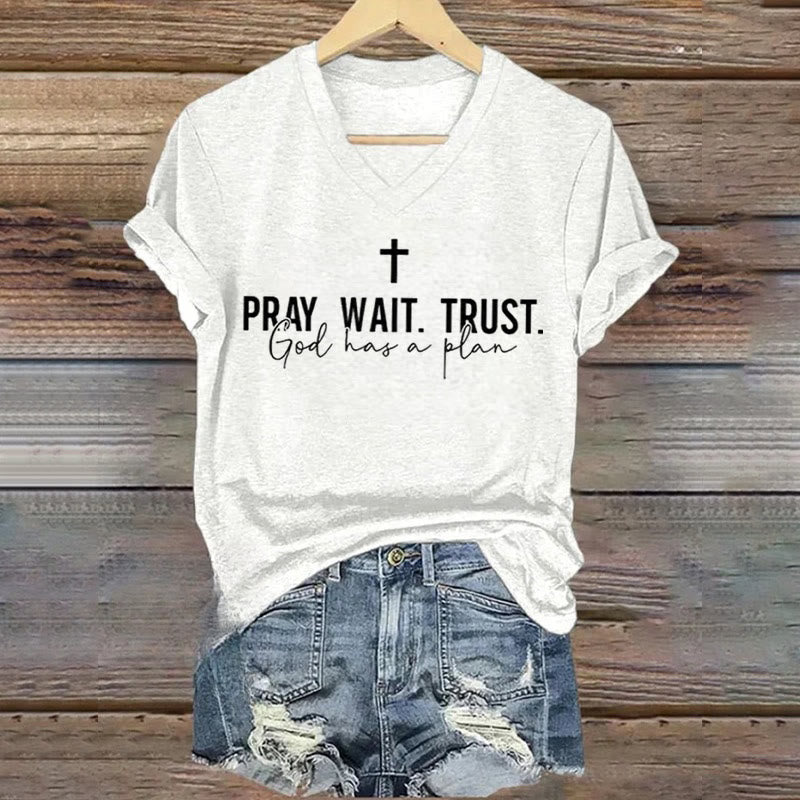Christianartworkshop Women's Pray Wait Trust God Has a Plan V-Neck T-shirt - White - 4XL - image 4