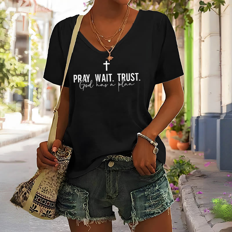 Christianartworkshop Women's Pray Wait Trust God Has a Plan V-Neck T-shirt - image 4