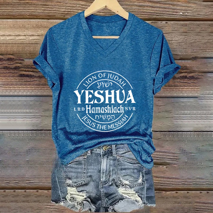 Christianartworkshop Women'S Lion Of Judah Yeshua Printed Casual V-Neck T-shirt - Blue - 4XL - image 8