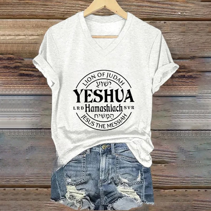 Christianartworkshop Women'S Lion Of Judah Yeshua Printed Casual V-Neck T-shirt - White - 4XL - image 3