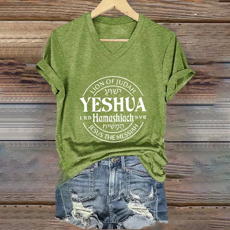 Christianartworkshop Women'S Lion Of Judah Yeshua Printed Casual V-Neck T-shirt - Green - 4XL - image 5