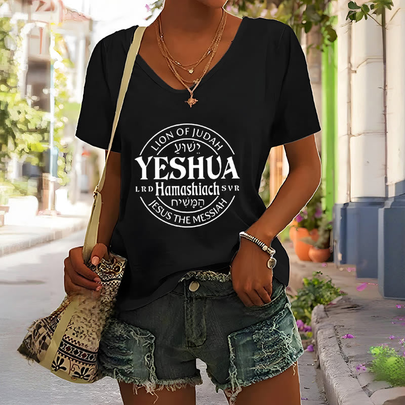 Christianartworkshop Women'S Lion Of Judah Yeshua Printed Casual V-Neck T-shirt - image 2