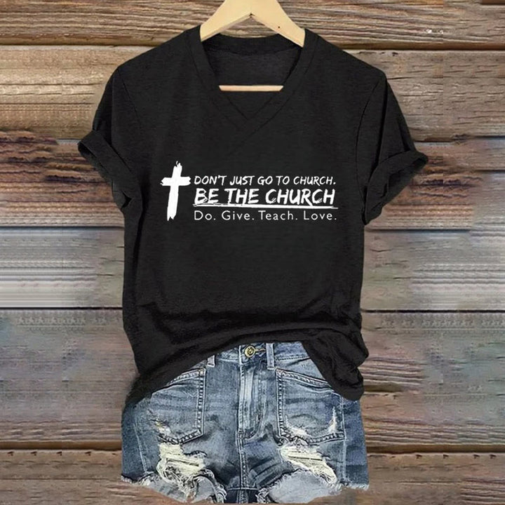 Christianartworkshop Women's Don't Just Go To Church Be The Church Casual V-Neck T-shirt - Black - 4XL - image 3
