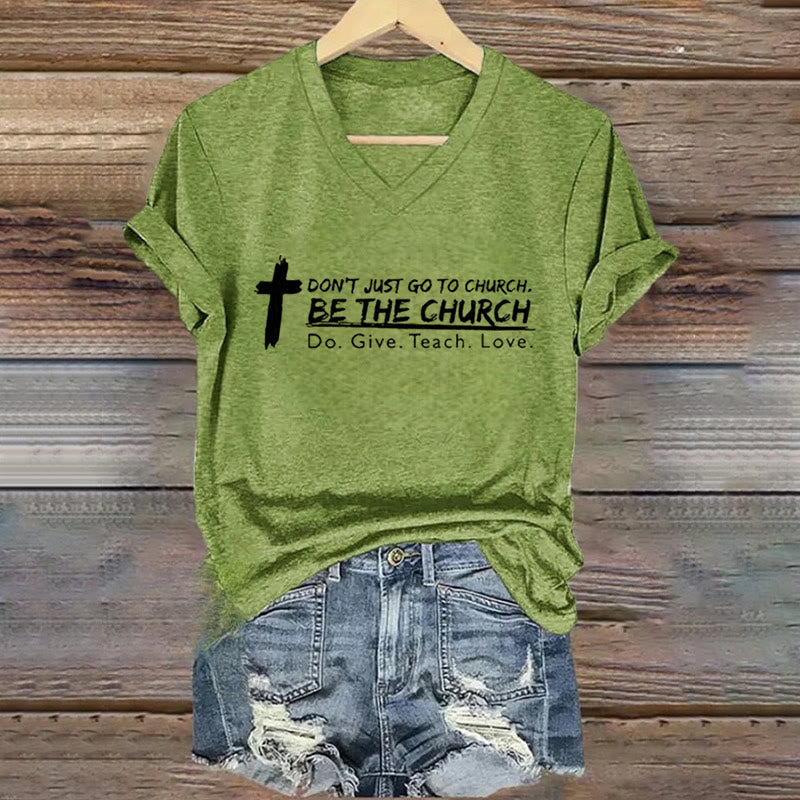 Christianartworkshop Women's Don't Just Go To Church Be The Church Casual V-Neck T-shirt - Green - 4XL - image 5