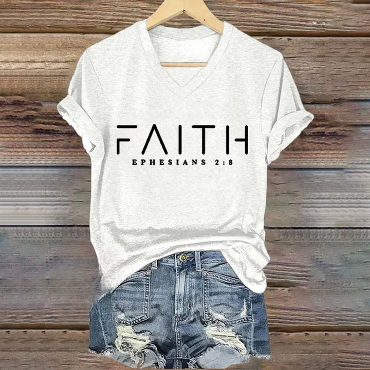 Christianartworkshop Women'S Faith Printed Casual V-Neck T-shirt - White - 4XL - image 1