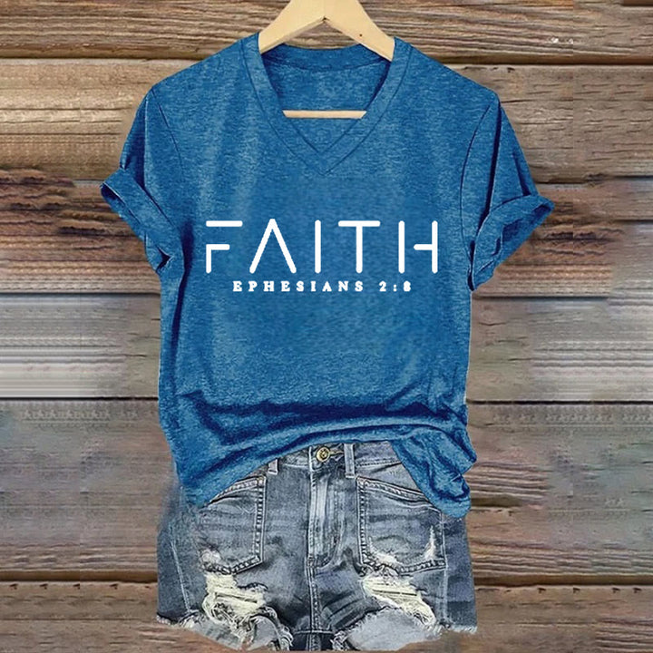 Christianartworkshop Women'S Faith Printed Casual V-Neck T-shirt - Blue - 4XL - image 8