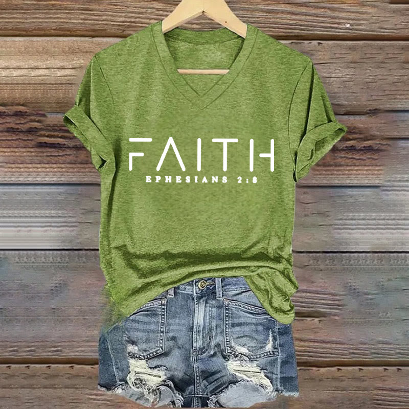 Christianartworkshop Women's Faith Printed Casual V-Neck T-shirt - Green - 4XL - image 5